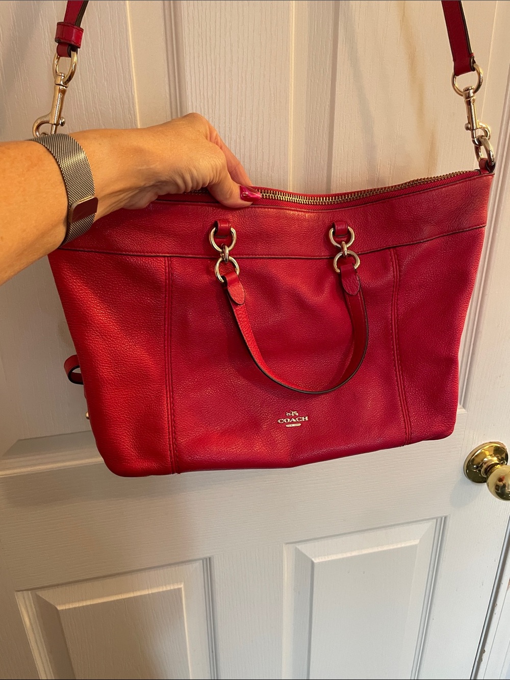 Coach Red Pebble Leather Tote Shoulder Bag